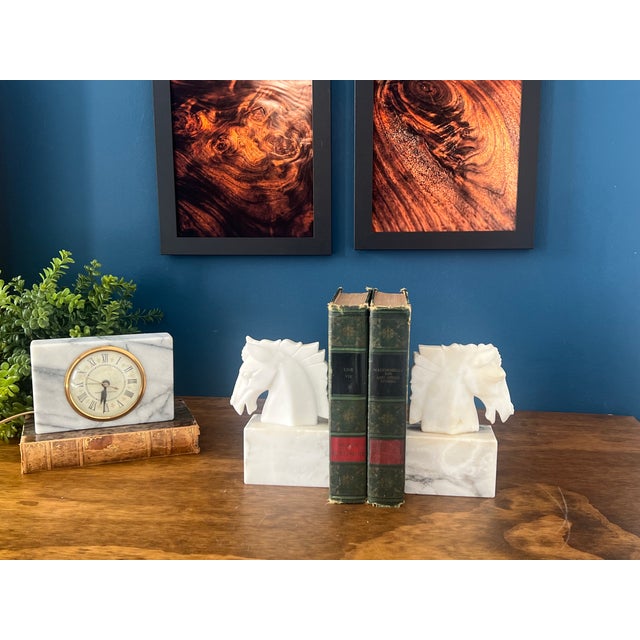 Vintage Marble Desk Clock and Horse Head Bookends Set For Sale - Image 12 of 18
