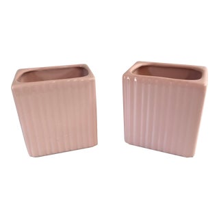 Mid Century Pink Ribbed Rectangular Ceramic Planters - a Pair For Sale