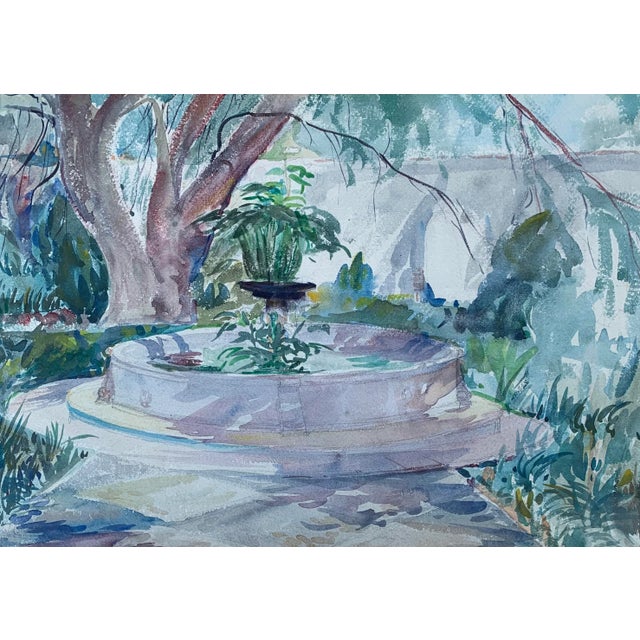 Large watercolor painting on heavy art paper stock with a softly abstracted style, depicting a serene and shady walled...