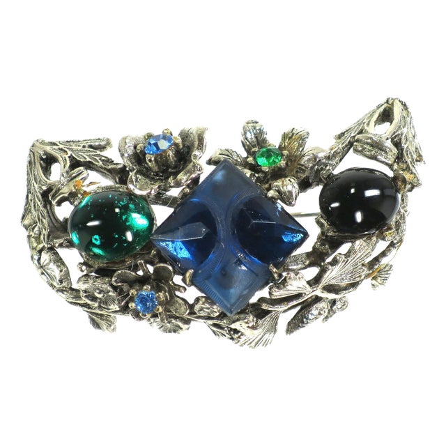 Vintage Sapphire Crystal Floral Brooch 1940s For Sale