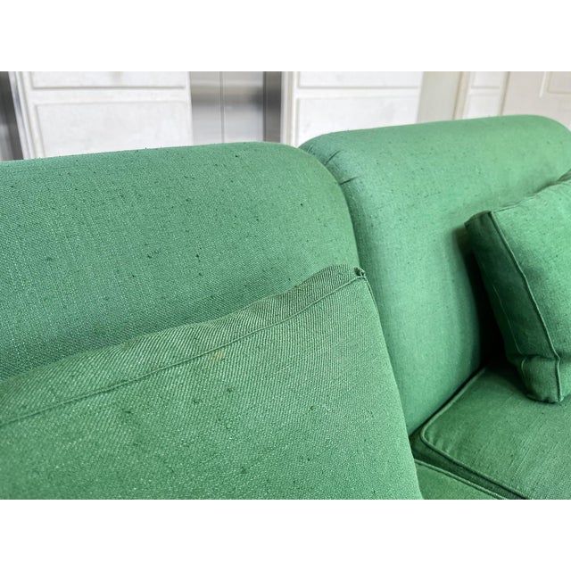 Custom Carved Oak & Green Linen Sofa by Steven Gambrel For Sale - Image 10 of 18
