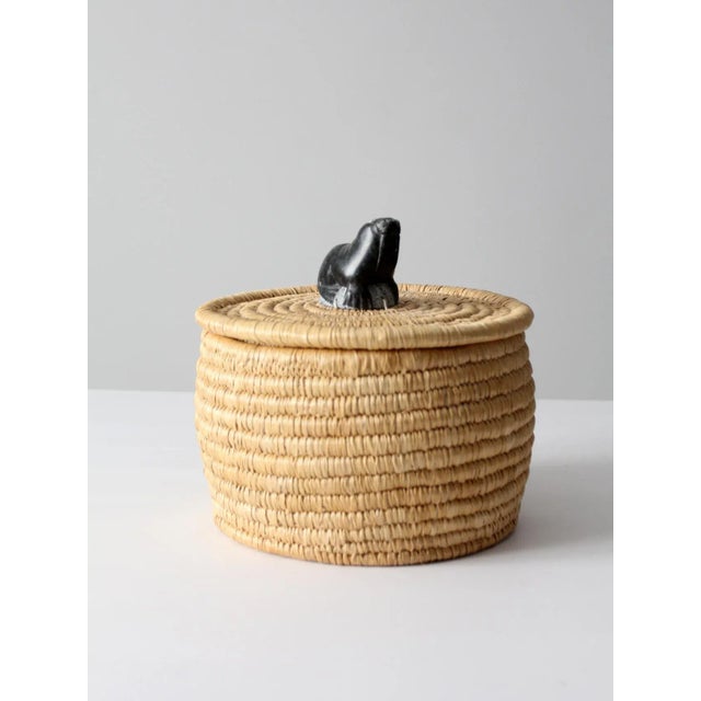 Nautical Vintage Basket With Lid and Carved Stone Handle For Sale - Image 3 of 13