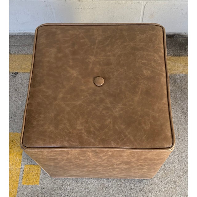 Stylish Modern Vintage Style Pull Up Tufted Brown Leather Ottoman, showroom floor sample