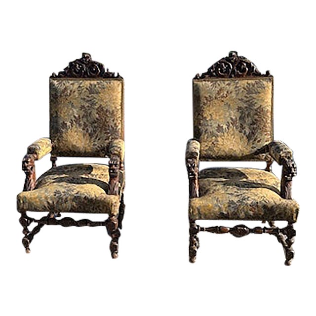 19th Century Pair of Walnut French Carved Arm Chairs For Sale