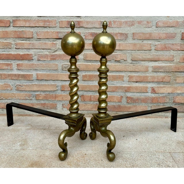 18th American Chippendale Style Brass Cannonball Andiron Firedog with Log Stops For Sale - Image 4 of 18