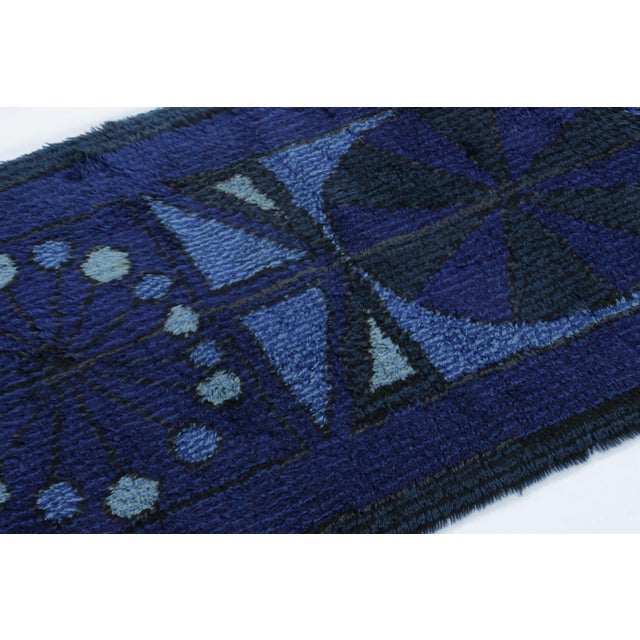 Rug & Kilim Vintage Swedish Rya Rug With Blue and Charcoal Geometric Pattern - Rug & Kilim For Sale - Image 4 of 8