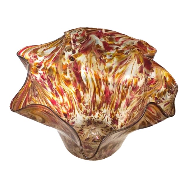Vintage Murano Style Hand-Blown Ruffled Fenton Glass Bowl For Sale