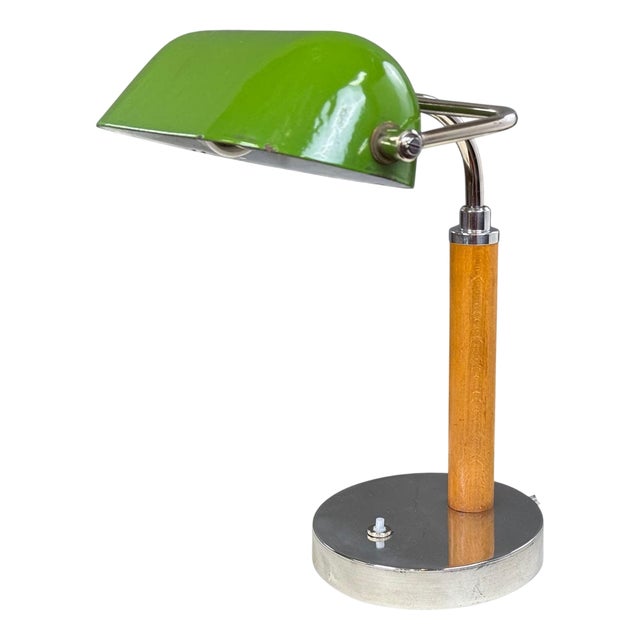 Chrome Table Lamp with Green Glass Lampshade, 1920s For Sale