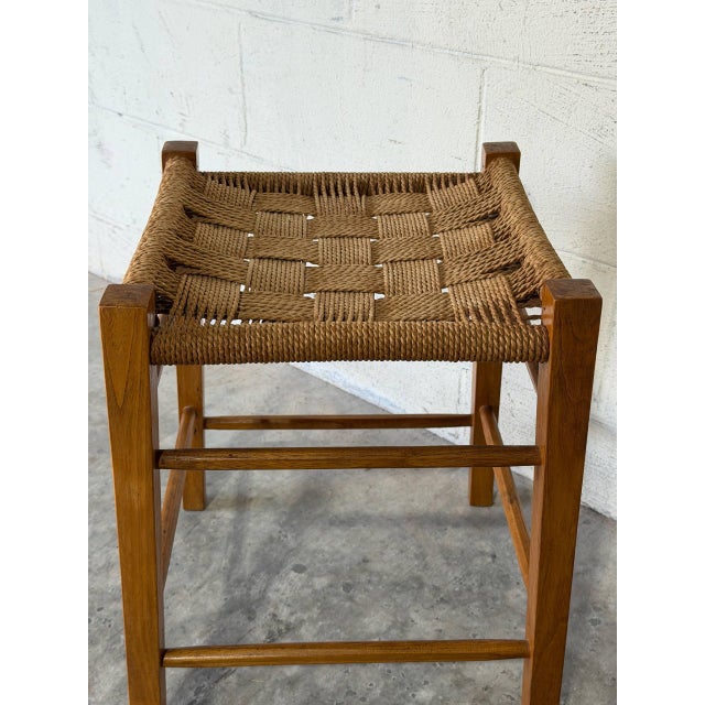 Wood Oak Stool With Woven Cord Seat Rustic Scandinavian Vintage Mid-Century Modern 1970s For Sale - Image 7 of 10