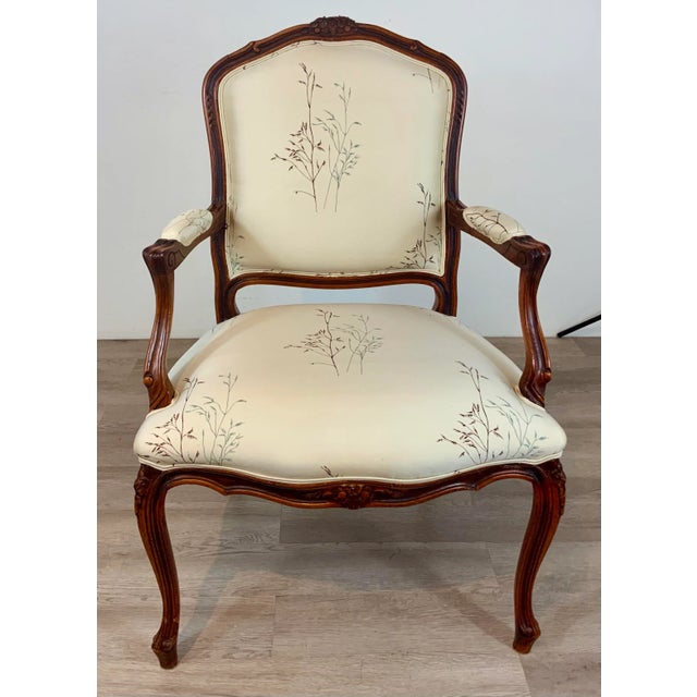 Elegant Vintage French Embroidered Silk Arm Chair, warm mahogany finished wood frame, ivory fabric with brown and robin’s...