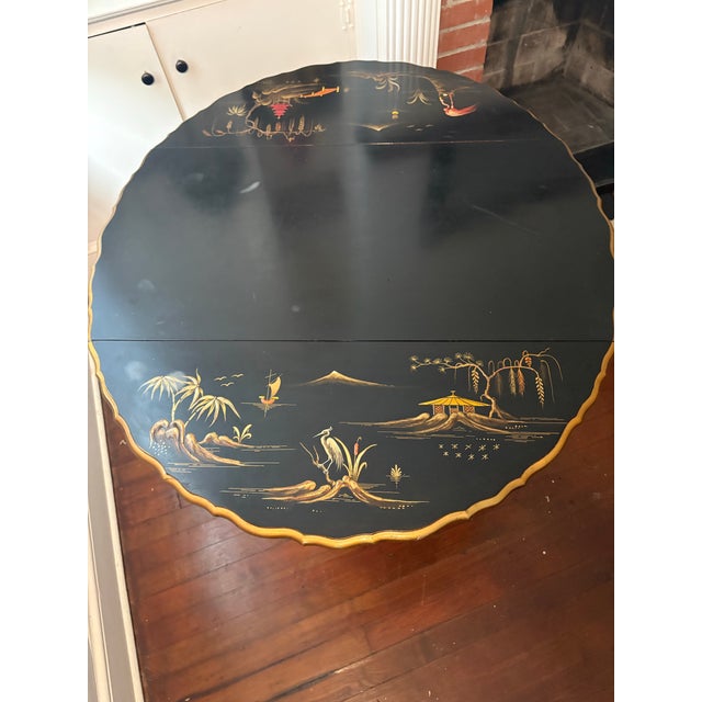 Vintage Imperial Furniture Grand Rapids Chinoiserie Bar Cart | C. 1940s | Black Lacquer, Raised Gold Chinoiserie, Drop Leaf For Sale - Image 10 of 12