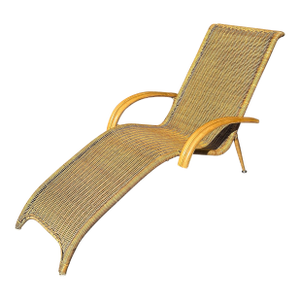 Midcentury Boho Woven Rattan Chaise Lounge