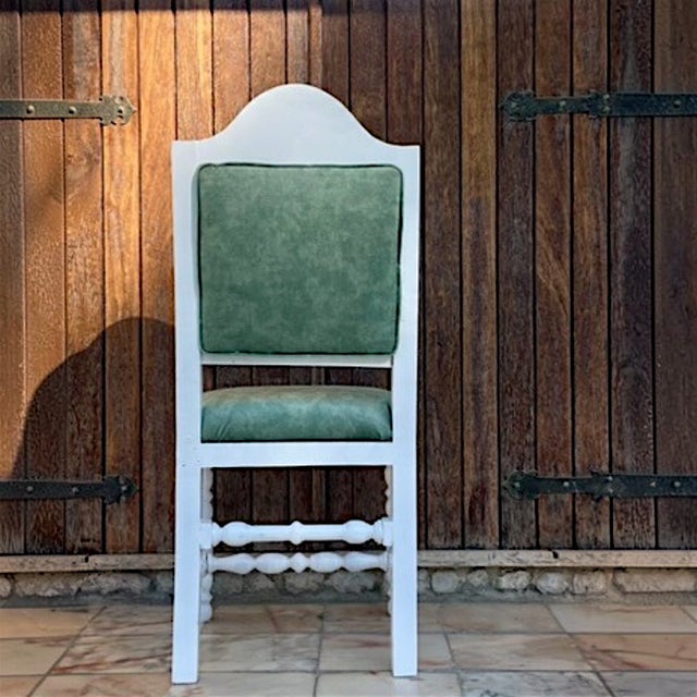 1920s Antique Portuguese Wood Chair in Agua Green Velvet Fabric, 1920s For Sale - Image 5 of 10