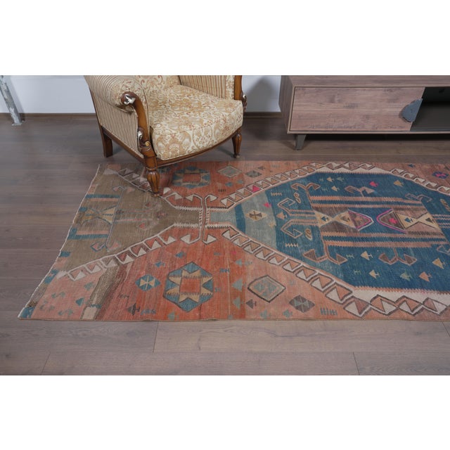 1970s Vintage Handwoven Turkish Runner - Terracotta & Teal Medallion Rug For Sale - Image 4 of 8