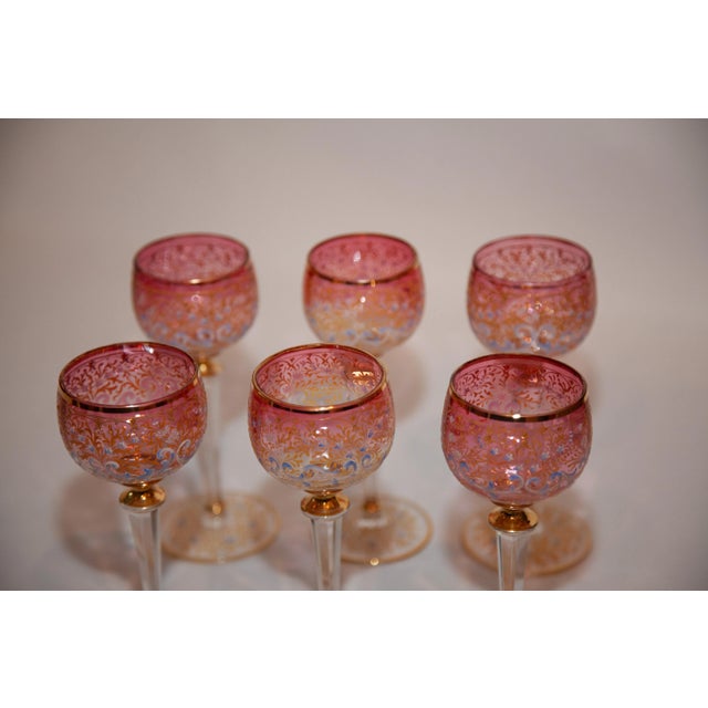 Set of six (6) Moser stem glasses. All Moser glasses are hand-made. They are early 20th century. Pink blush with gold...
