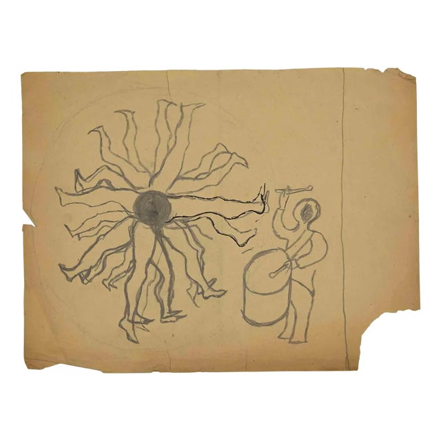 Mino Maccari, Tambourine Man, Original Watercolor, Mid-20th Century For Sale