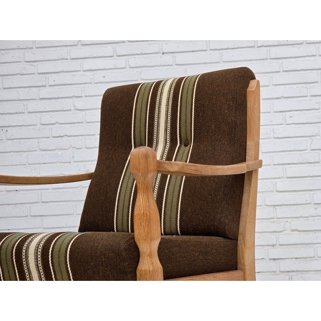 Danish Armchair in Striped Furniture Wool and Carved Oak Wood, 1970s For Sale - Image 16 of 17