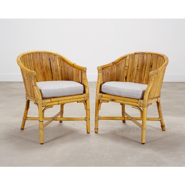Wood Set of Four McGuire Barrel Back Rattan Bamboo Dining Armchairs For Sale - Image 7 of 18