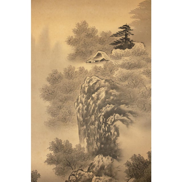 Wood C. 1920 Taisho Era Japanese Silk Scroll Ink Landscape Painting For Sale - Image 7 of 18