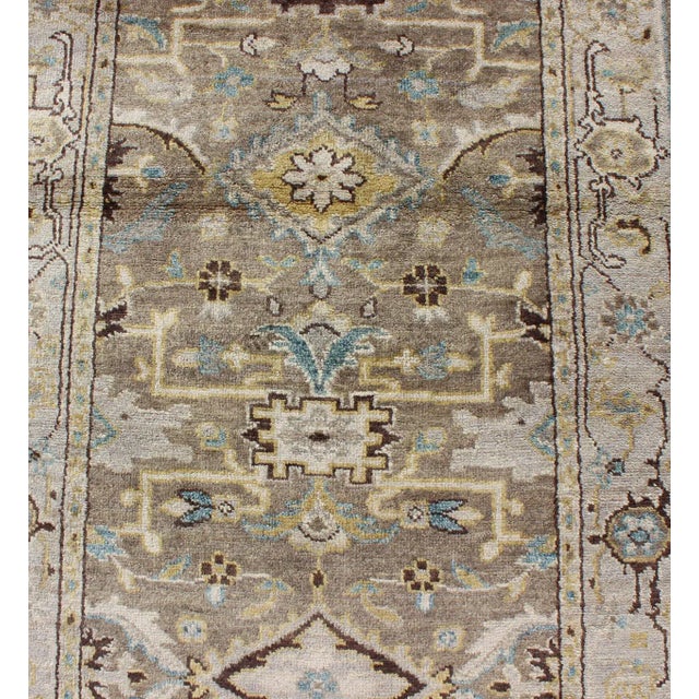 Modern Long Heriz Runner in Grays, Silver, Blue, Soft Yellow For Sale In Atlanta - Image 6 of 8