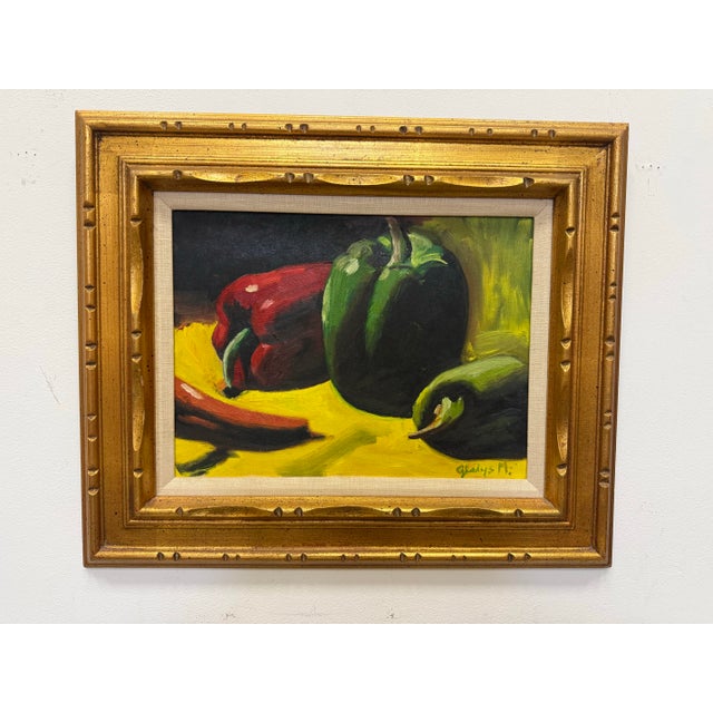 Vintage Still Life With Peppers Oil on Board Signed For Sale - Image 9 of 12