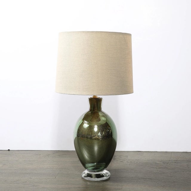 Modernist Hand-Blown Murano Smoked Emerald Glass Table Lamps W/ 24k Gold Flecks For Sale In New York - Image 6 of 12