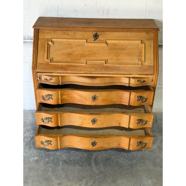 Oak Bureau With Drop-Front Desk and Three Serpentine Drawers Danish Mid-Century Modern 1970s For Sale - Image 11 of 11