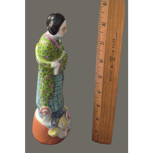 Vintage Asian Chinese Famille Rose 8.5'' High Hand Painted Porcelain Figurine For Sale - Image 6 of 9