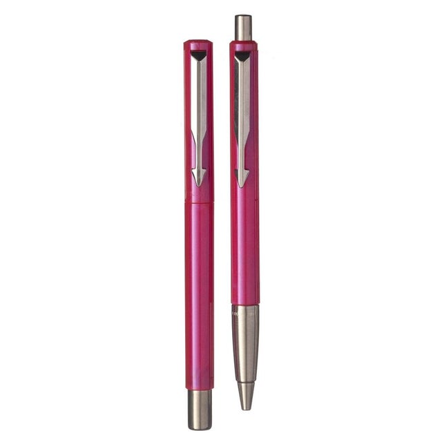 Pens - Five Parker pens. Cases containing: 2 metallic pink 'S' ballpoint pens; one red mechanical pencil; and a brushed...