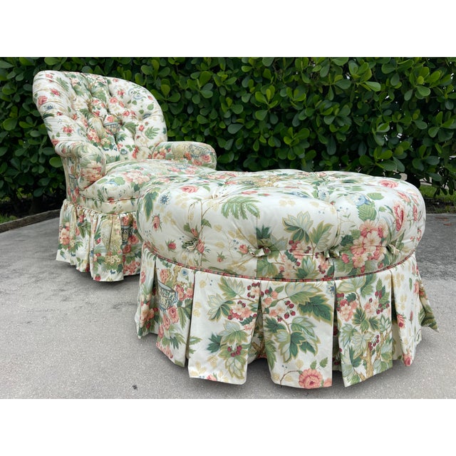 Vintage Hickory Chair Tufted Lounge Chair on Casters in Botanical Print For Sale - Image 14 of 17