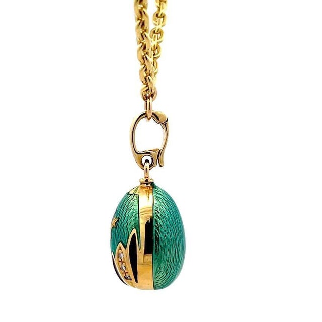 Faberge Diamond Egg Pendant Necklace 18k Yellow Gold Guilloche Enamel For Sale In Miami - Image 6 of 8