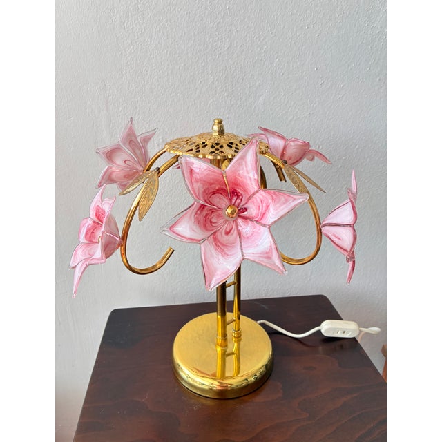 Vintage Pink Murano Glass Floral Table Lamp – Authentic Italian Curved Flower Desk Lamp With Brass Frame - a Pair For Sale - Image 18 of 18