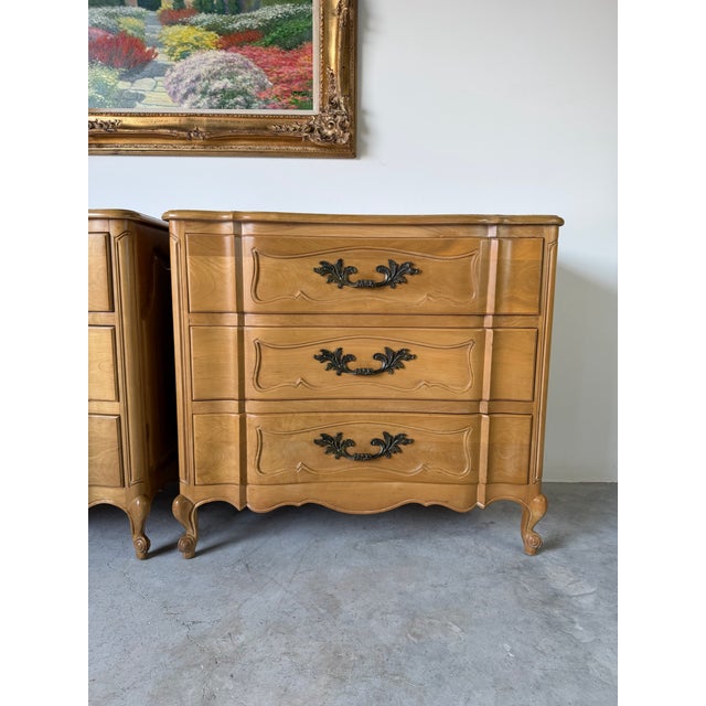 Brown Tall Vintage French Provincial Carved Cherry Wood Three-Drawer Chest – A Pair For Sale - Image 8 of 12