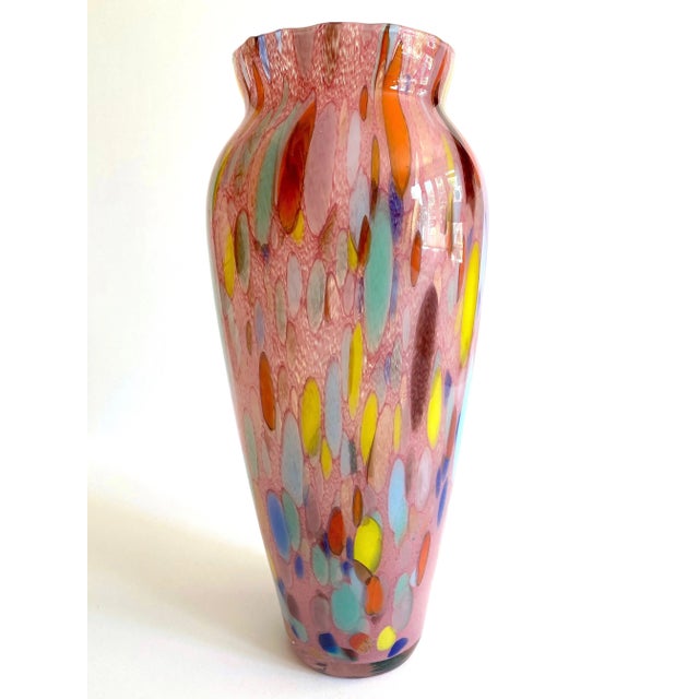 Vintage 1980's Post Modern Abstract Hand Blown Studio Art Glass Multicolor Tall Flower Vase For Sale - Image 10 of 13