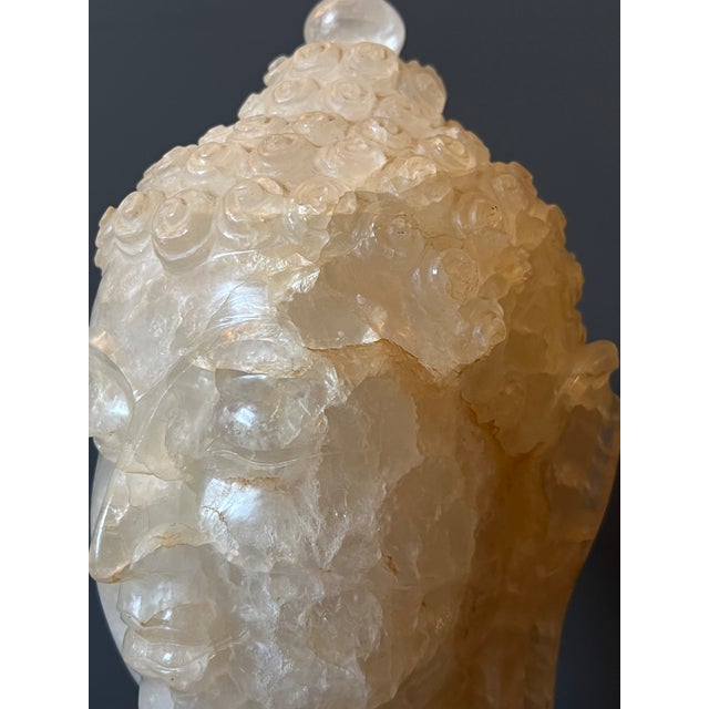 White Fine Large Rock Crystal Hand Carved Head of Buddha on the Wood Base For Sale - Image 8 of 15
