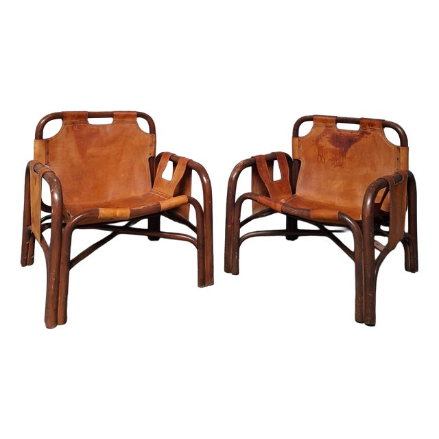 Vintage Safari Chairs in Leather and Bamboo by Tito Agnoli, 1970, Set of 2 For Sale