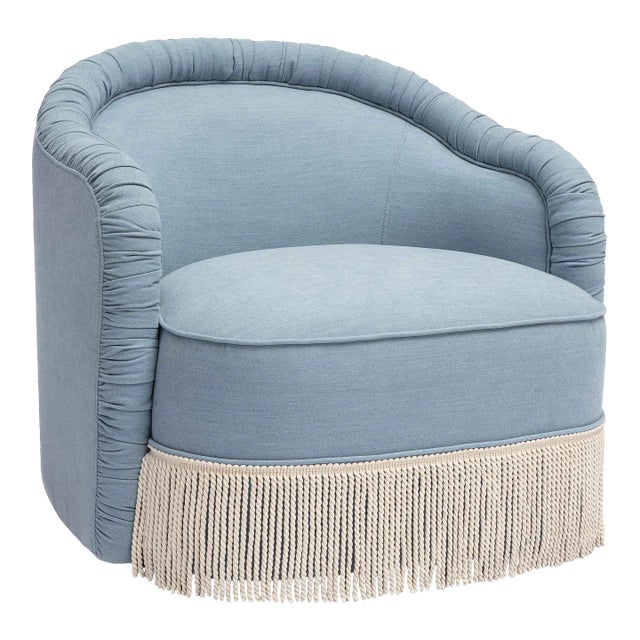 Pamela Faded Blue Recycled Fabric Tassel Lounge Chair For Sale