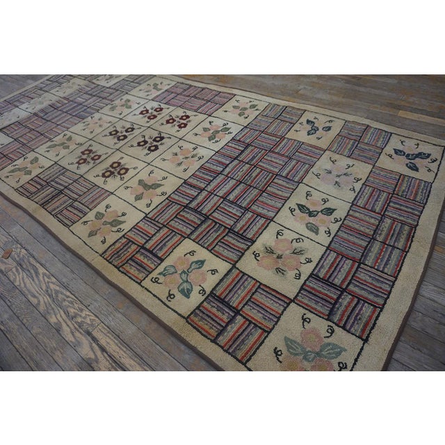 American Remarkable Beige Color With Geometric and Floral Design Vintage American Hooked Rug For Sale - Image 3 of 15