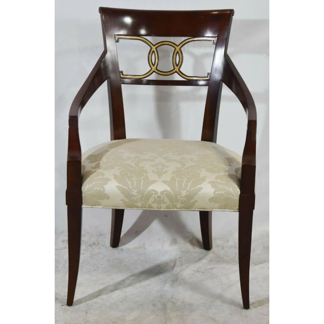 Hollywood Regency Baker Furniture Hollywood Regency Mahogany Arm Chair Gilt Accents Damask Fabric For Sale - Image 3 of 11