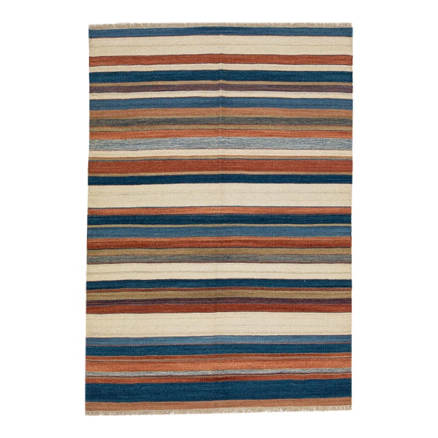 2020s Modern Kilim Handmade Multicolor Geometric Wool Rug For Sale