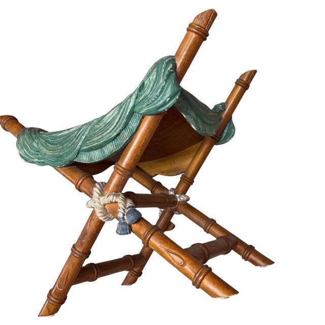 Vintage Faux Bois Draped Stool With Carved Bamboo X-Frame For Sale - Image 4 of 10