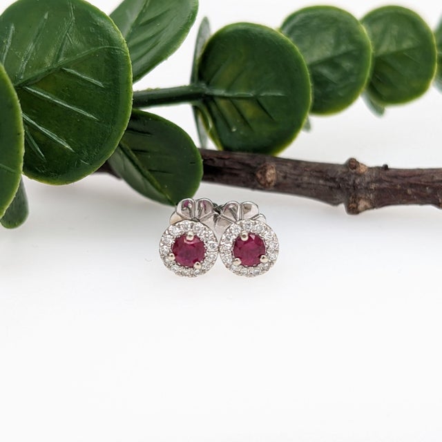 2020s Pretty Ruby Studs With Natural Diamond Halo: Solid 14k Gold, Round 3.3mm, Pair For Sale - Image 5 of 8