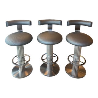 Design for Leisure LTD Set of 3 Bar Stools Fluted Chrome Steel Swivel For Sale