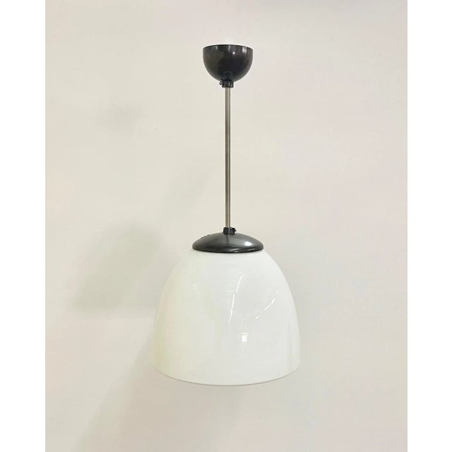 Mid-Century Modern Czech Sunburst White Milk Glass and Bakelite Pendant Lamp from Napako, 1930s For Sale - Image 3 of 10
