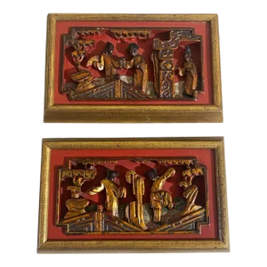 Antique Chinoiserie Wall Hanging Set of Two Plaques/Panels Framed .