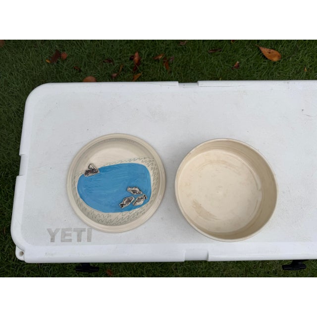 Vintage Studio Pottery Covered Dish With Fish & Boat Lid Signed Folk Art Ceramic For Sale - Image 4 of 10