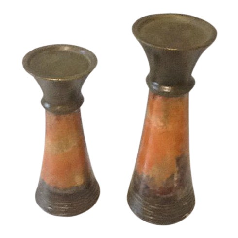 Orange Brown Gold Drip Ceramic Pillar Candle Holders A Pair