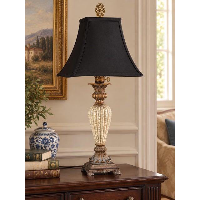 Bronze Late 20th Century Cream Neoclassical Urn Table Lamps With Black Square Bell Shades - Pair For Sale - Image 8 of 10