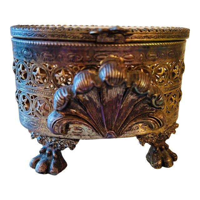 Vintage Gold Filigree and Glass Box For Sale