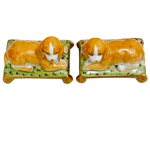 English Reclining Cavalier King Charles Spaniel Dogs on Pillows - a Pair For Sale - Image 3 of 7
